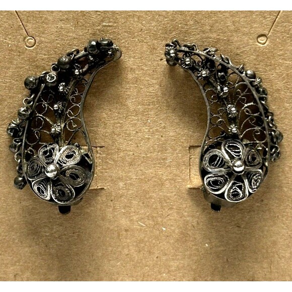 Vintage Oxidized Sterling Silver Earrings Filigree Clip On Climbers Wings Leaf - Picture 1 of 10